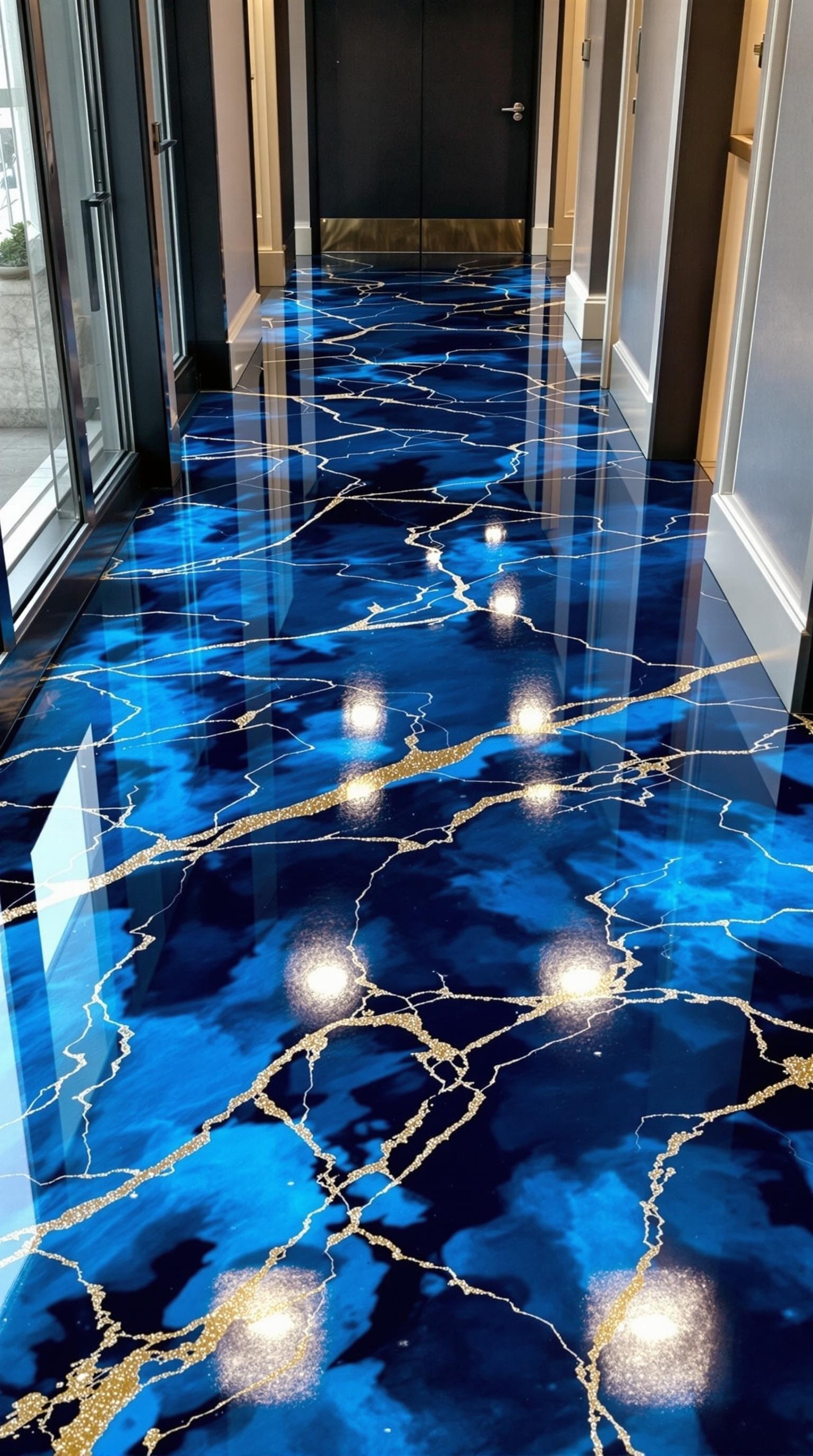 Cerulean blue epoxy floor with gold veining in a hallway