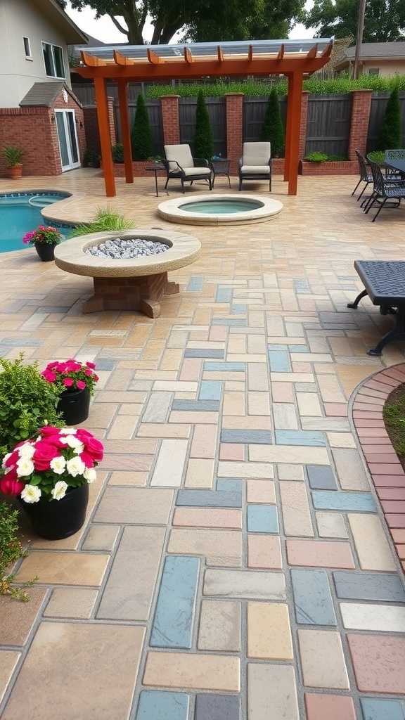 A beautiful patio with cobblestone stamped concrete, featuring a fire pit and seating area surrounded by flowers.
