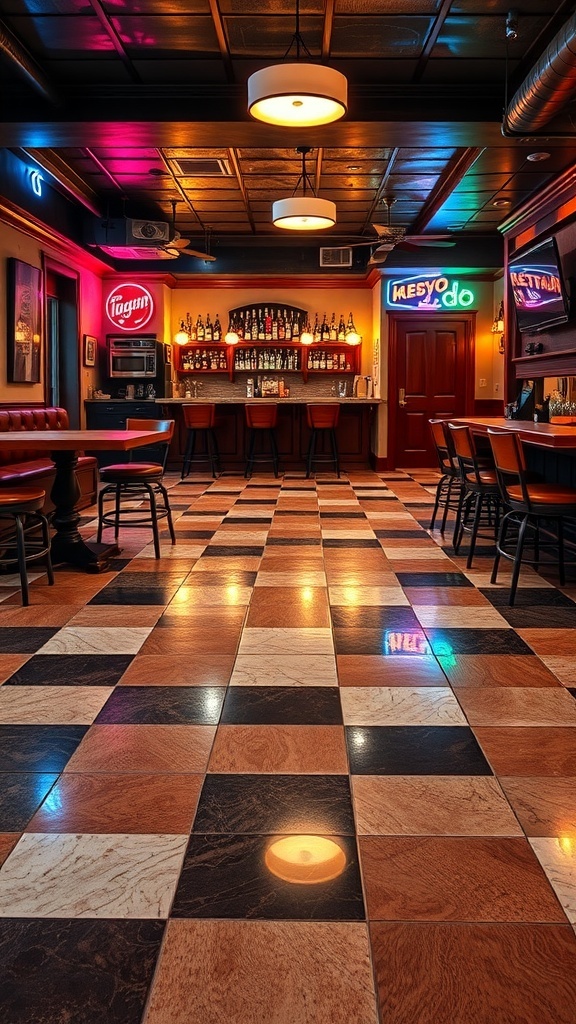 Checkerboard epoxy floor in a bar setting with vibrant lighting