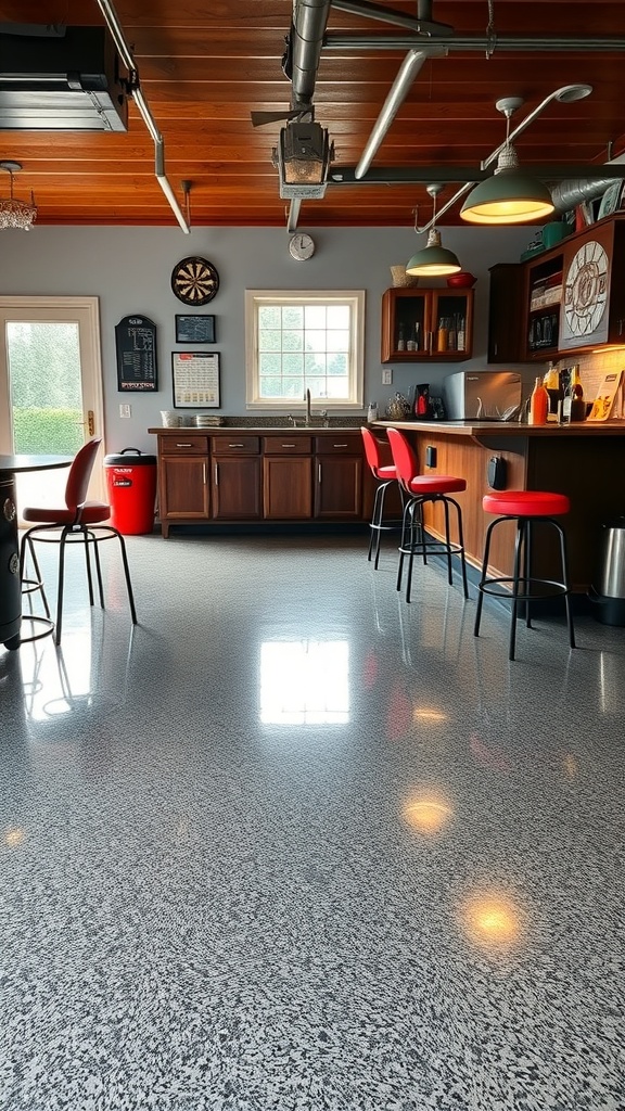 A stylish garage bar with polished epoxy flooring featuring a checkerboard pattern.