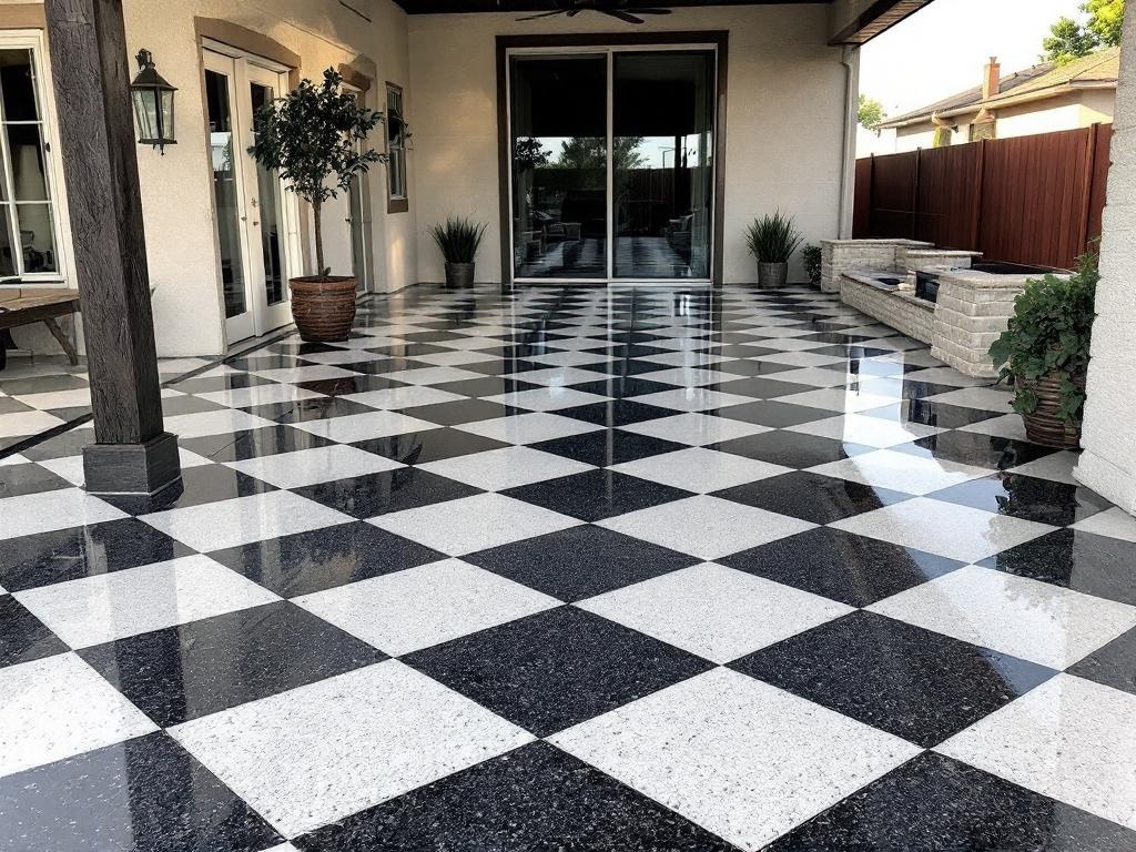 Checkerboard patterned epoxy floor in an outdoor barbecue station
