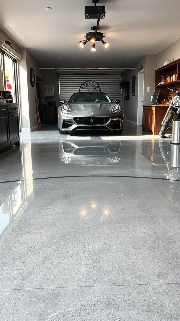 A stylish garage with a shiny gray epoxy floor and a luxury car.