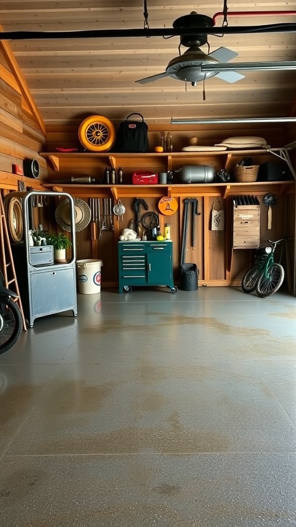 A well-organized garage with various epoxy products lined up on the floor.