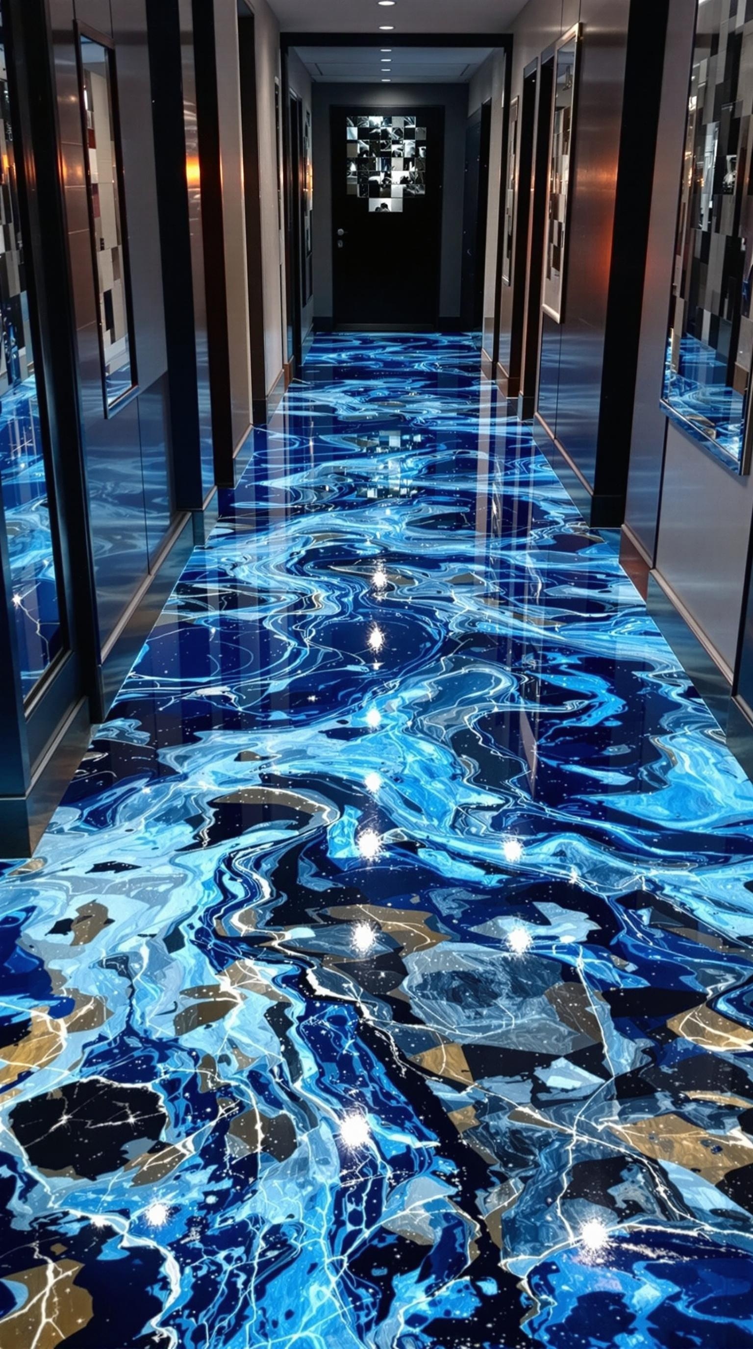 A hallway featuring a glossy blue checkerboard epoxy floor design.