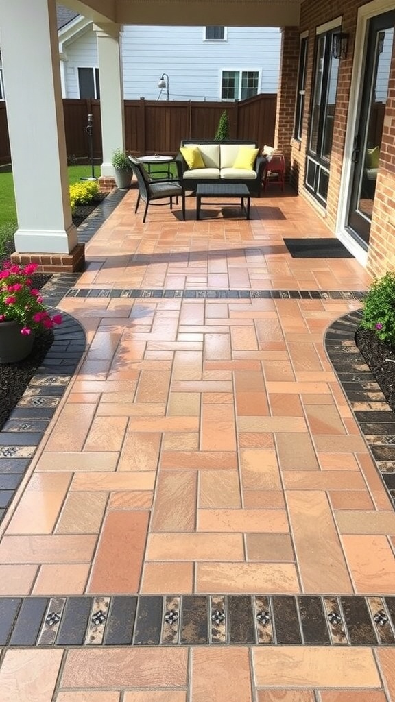 A beautifully designed patio featuring classic brick-style stamped concrete with vibrant colors and decorative elements.