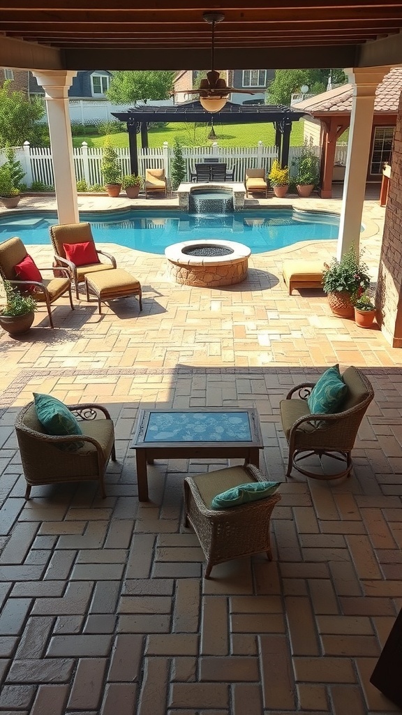 A classic brick stamped concrete patio with a pool and seating area, showcasing timeless outdoor design.