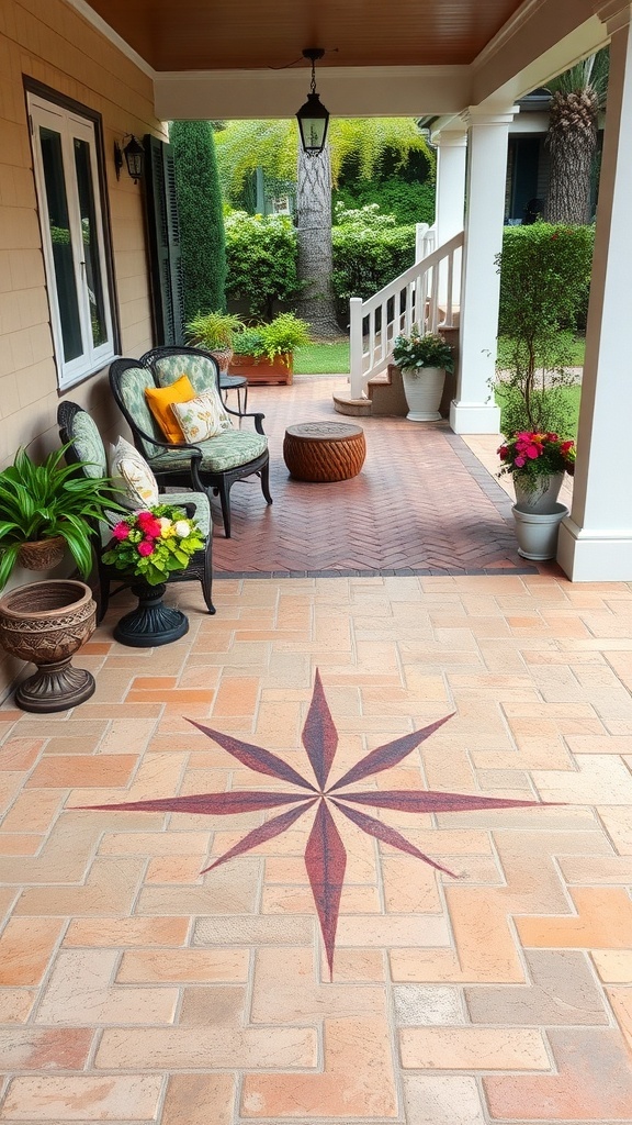A beautiful porch featuring classic brick stamped concrete with a star design in the center, surrounded by greenery and cozy seating.