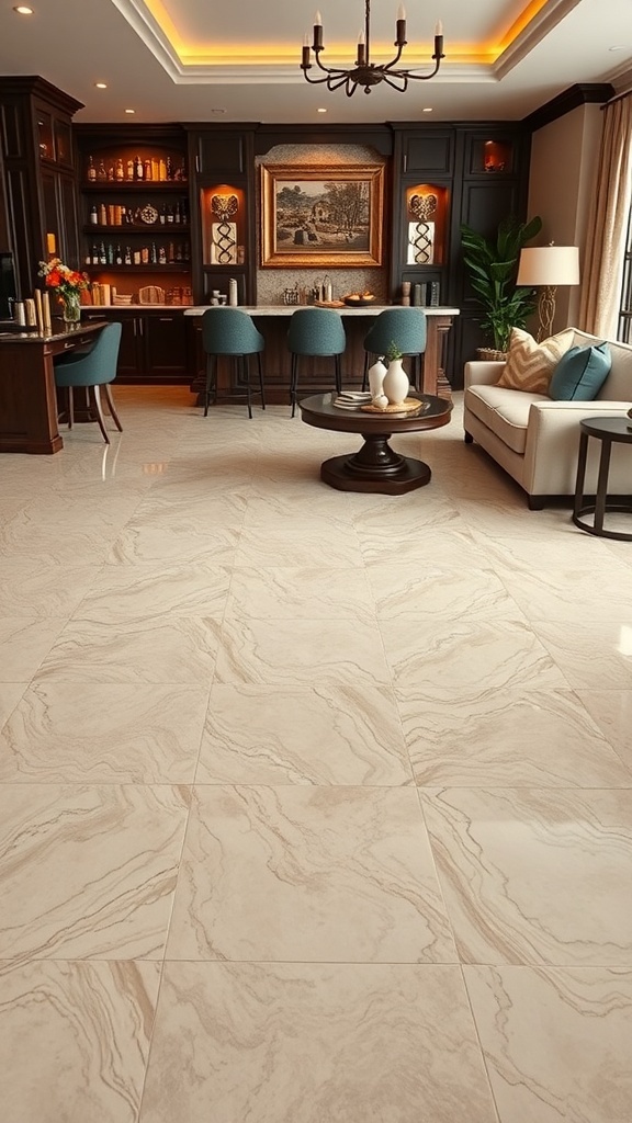Elegant living space featuring a polished marble epoxy floor with intricate swirls and a stylish home bar.