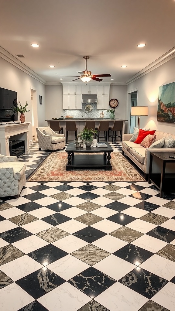 A stylish living room featuring a classic black and white checkerboard epoxy floor design, with elegant furniture and decor.