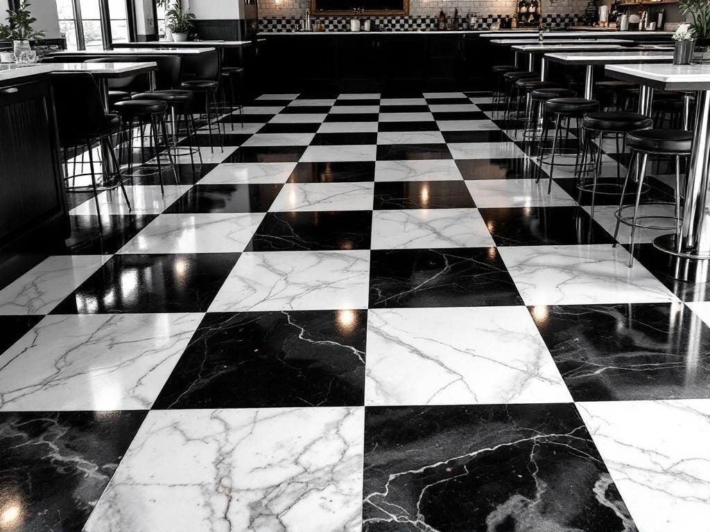 A black and white checkerboard epoxy floor in a modern interior setting.