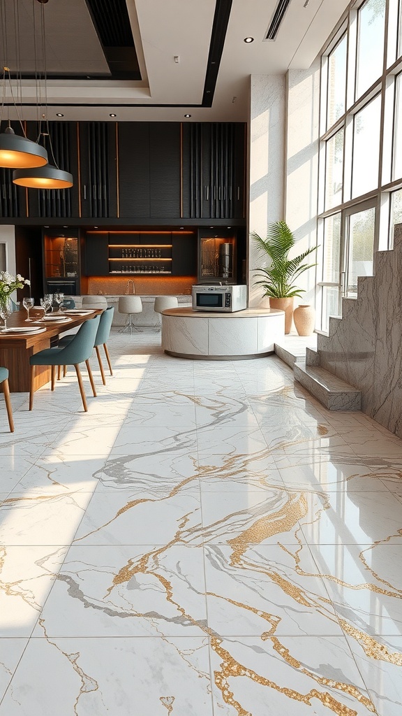 A modern dining area with marble epoxy flooring featuring gold accents.