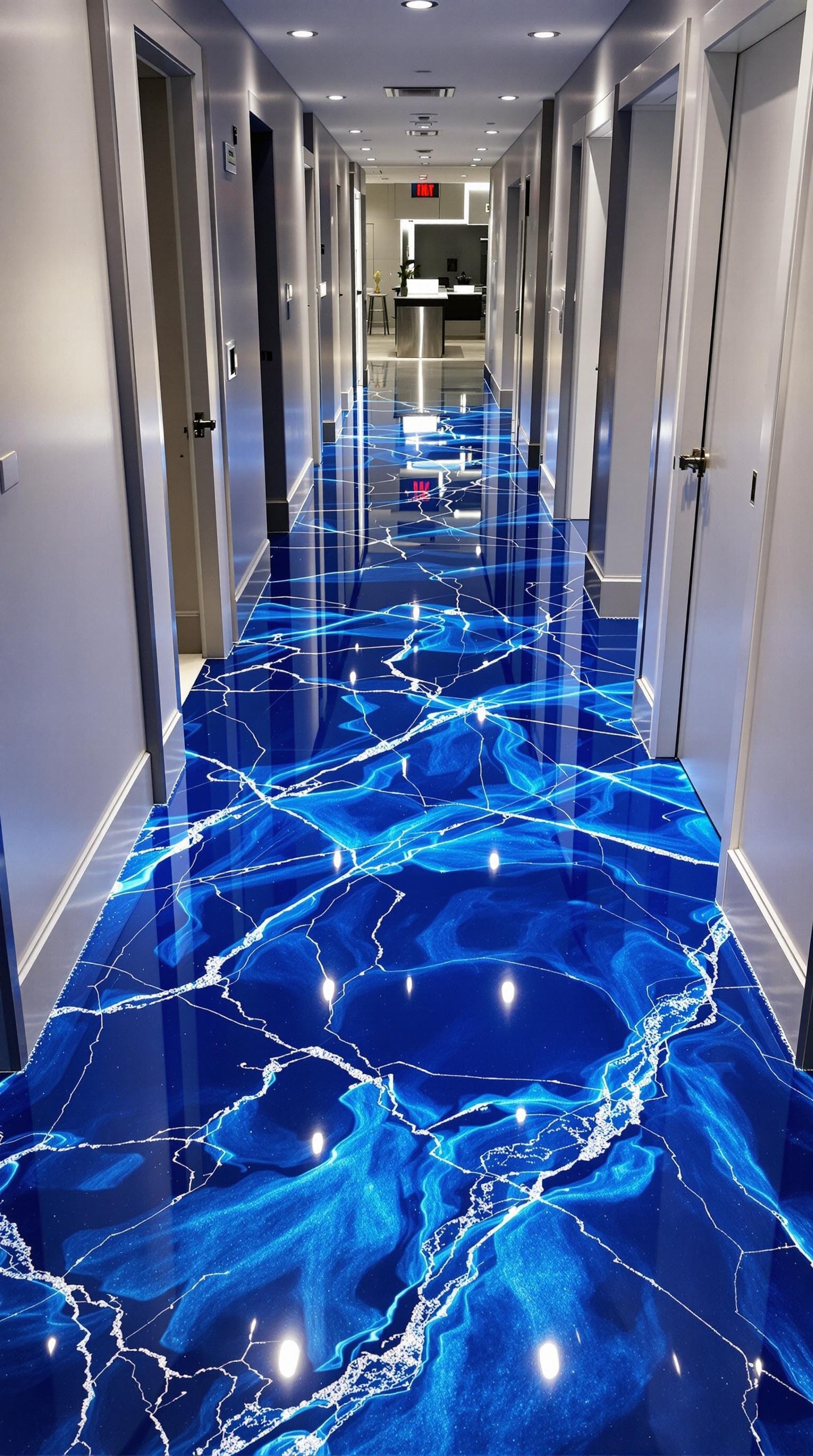 A hallway featuring glossy cobalt blue epoxy flooring with geometric patterns.