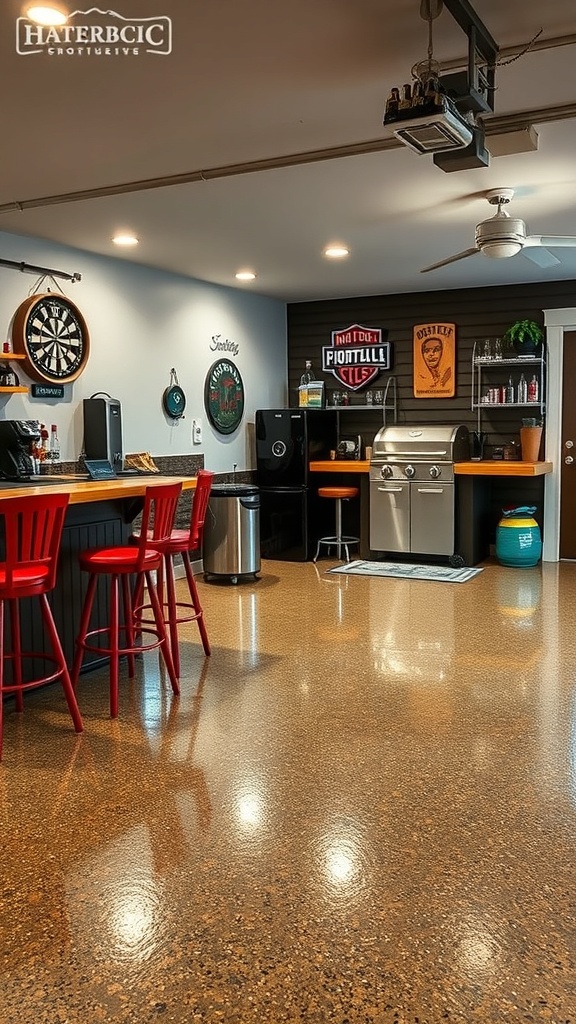 Stylish indoor garage bar with polished epoxy floor and rustic bar counter