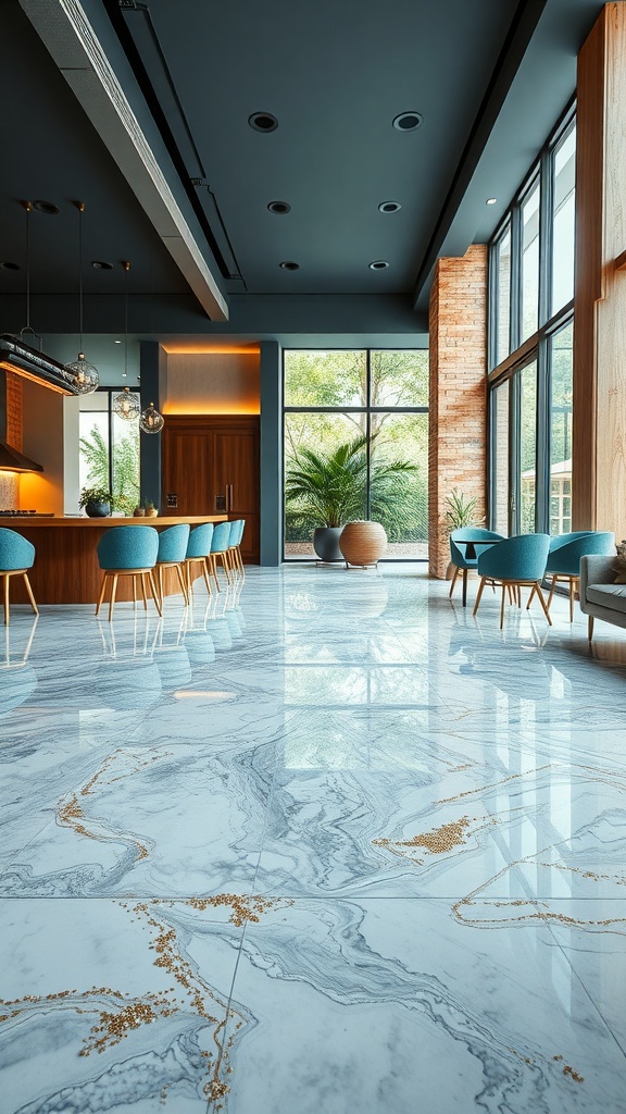 A modern interior featuring a marble epoxy floor with gold flake accents, showcasing a stylish and elegant design.