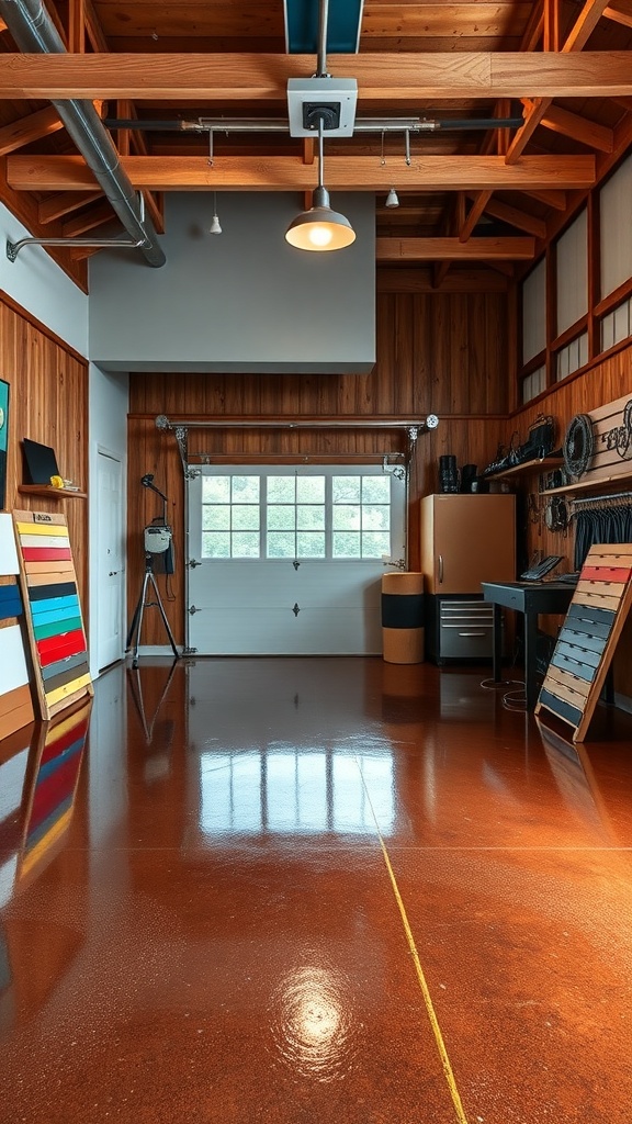 A beautifully designed garage with a polished epoxy floor and rustic wooden walls.