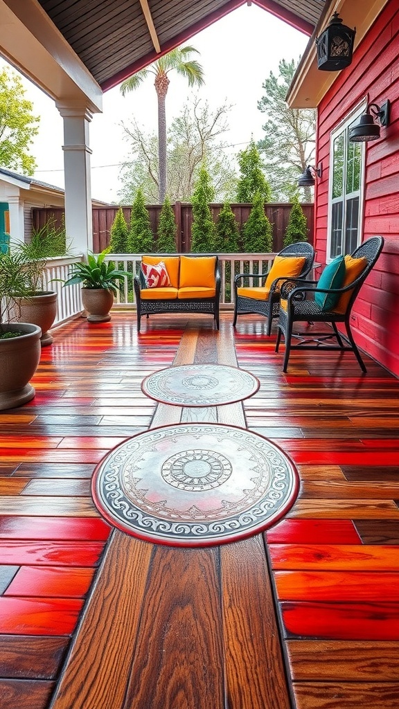 Colorful epoxy-coated porch with wood-like flooring and decorative circular patterns.