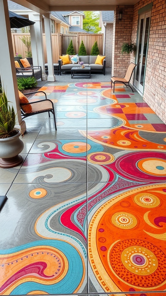Colorful stamped epoxy floor design on a porch