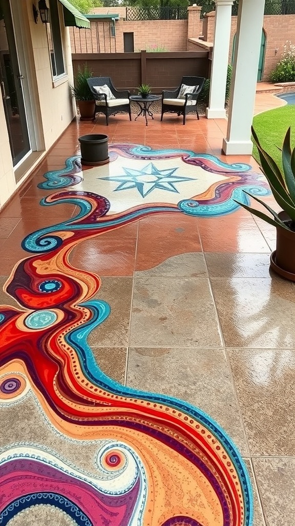 Colorful epoxy resin art on a concrete patio with swirling patterns and bright colors