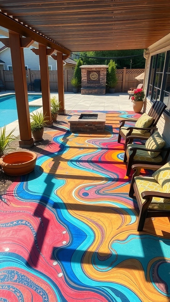 Colorful epoxy resin art on a patio with swirling patterns in blue, orange, and red.