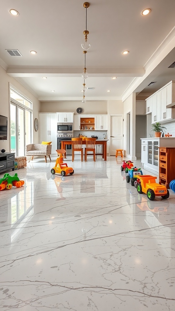 A modern kitchen with a marble-look epoxy floor, showcasing colorful flake epoxy coatings.