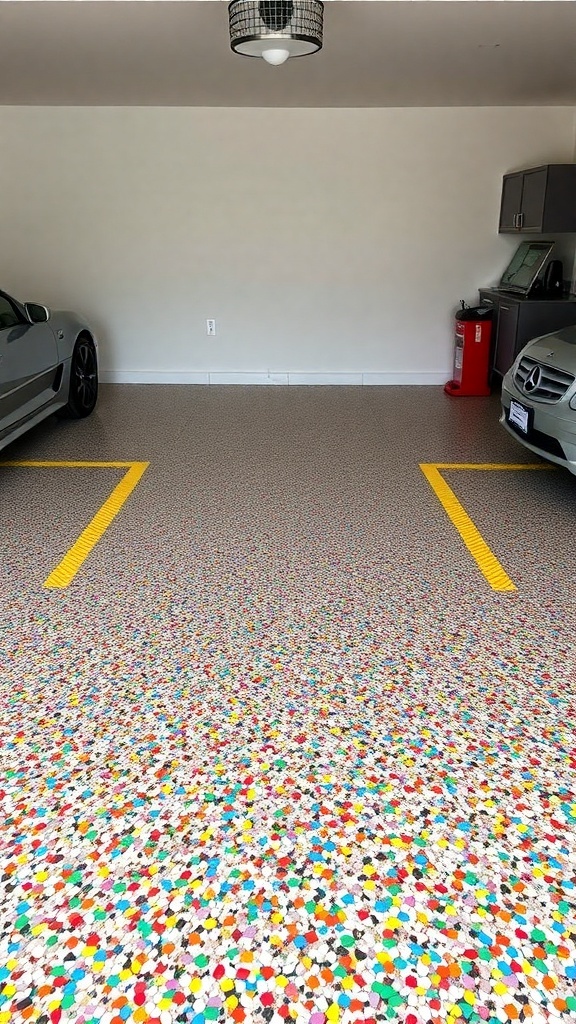 A colorful flake epoxy garage floor with a sleek black car parked on it.