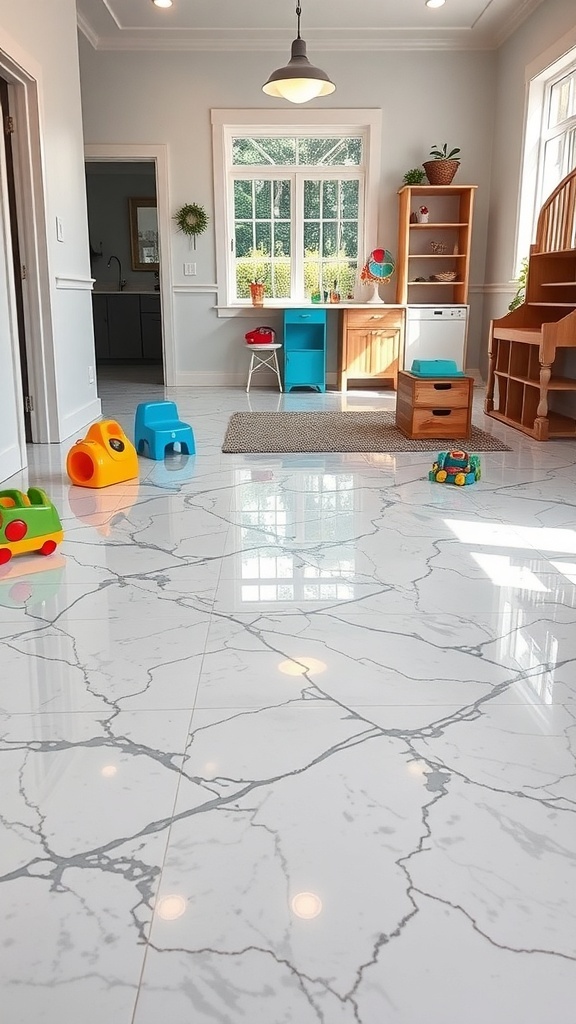 A bright room featuring colorful flake epoxy flooring with a marble-like finish, showcasing a playful and inviting atmosphere.
