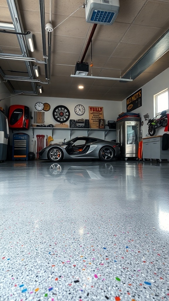 A stylish garage featuring a colorful flake epoxy floor with a sleek car parked inside.