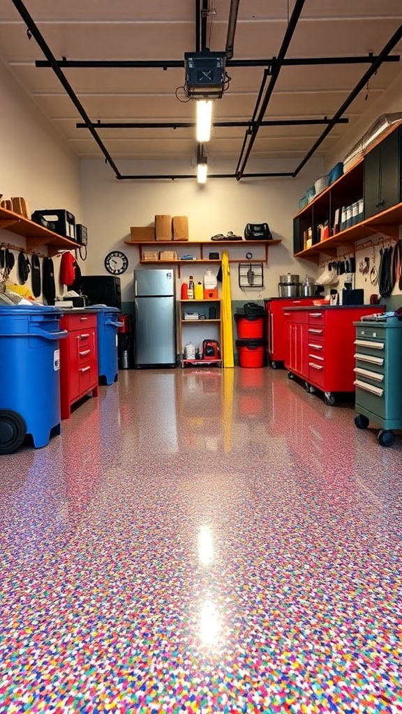 A vibrant garage workshop with colorful flake epoxy flooring, showcasing motorcycles and red tool cabinets.