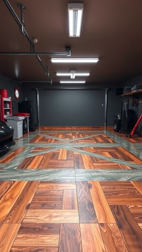 A modern garage featuring a combination of glossy epoxy flooring and wood-like planks, with a sleek car parked inside.