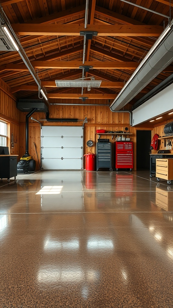 A rustic garage featuring high-gloss epoxy flooring, wooden beams, and organized tools.
