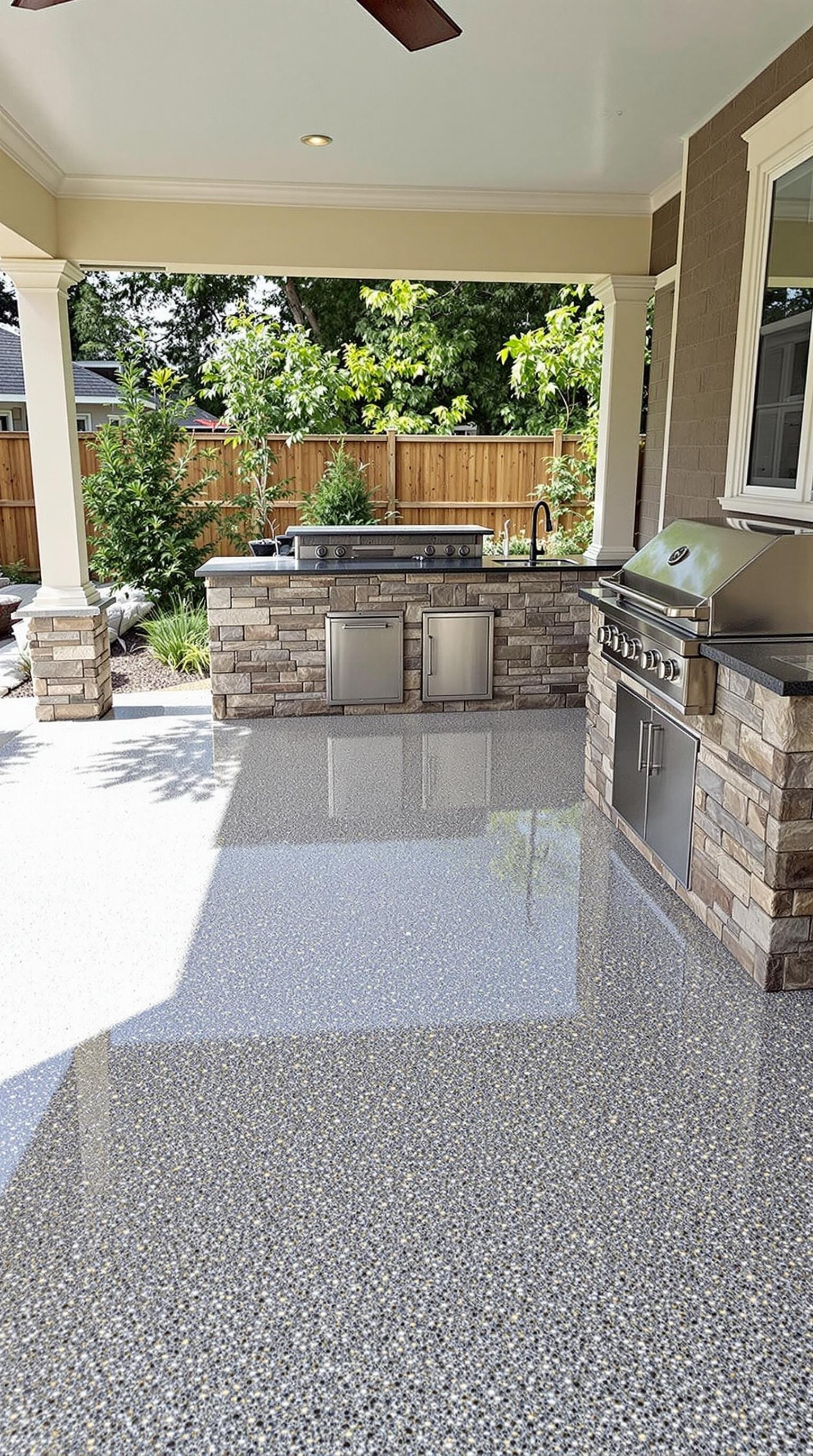 An outdoor kitchen with shiny epoxy flooring, stone countertops, and modern appliances.