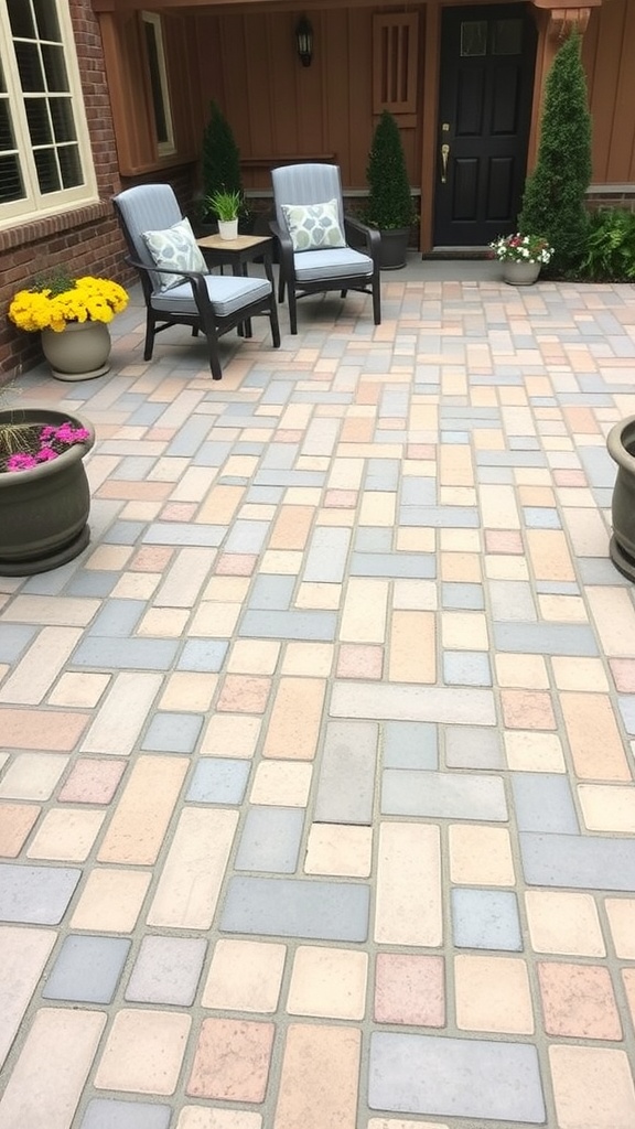 A beautifully designed patio featuring dark gray and brown stamped concrete with an epoxy finish.