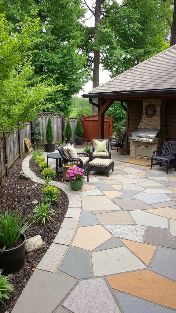 A dark gray stamped concrete patio with wood accents, featuring a fire pit and outdoor seating.