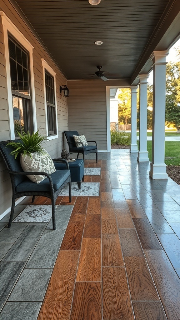 A porch featuring a mix of wood-stamped concrete and traditional concrete tiles, with seating and decorative elements.