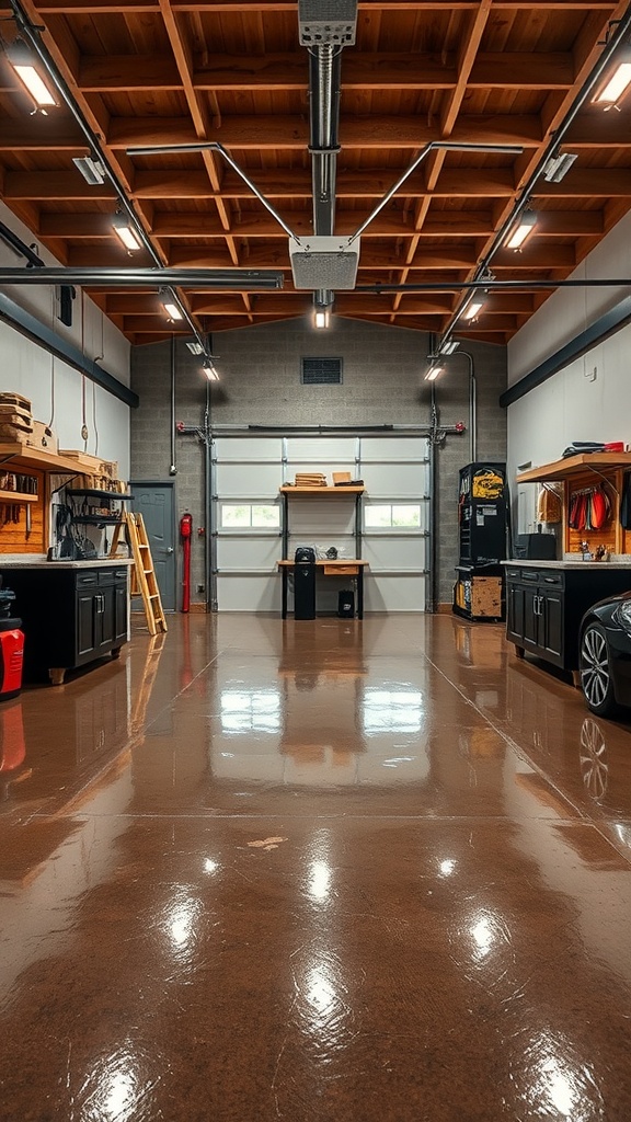 A spacious garage with polished epoxy flooring, wooden beams, and organized workstations.