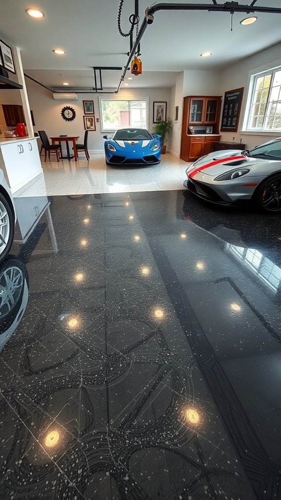 A modern garage with shiny epoxy floors and two luxury cars, showcasing a stylish and functional space.