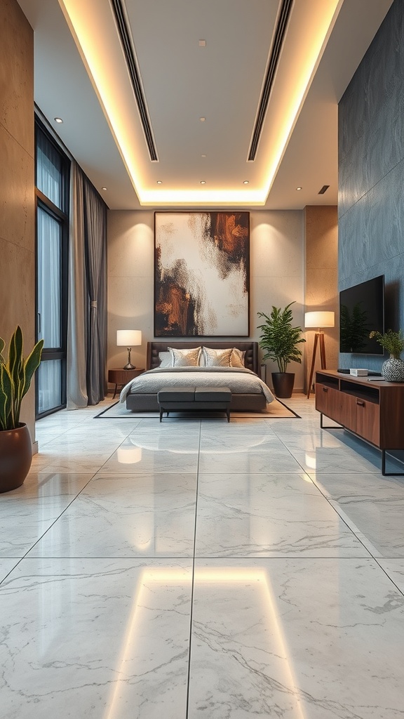 A modern bedroom featuring a polished marble concrete floor with elegant decor.