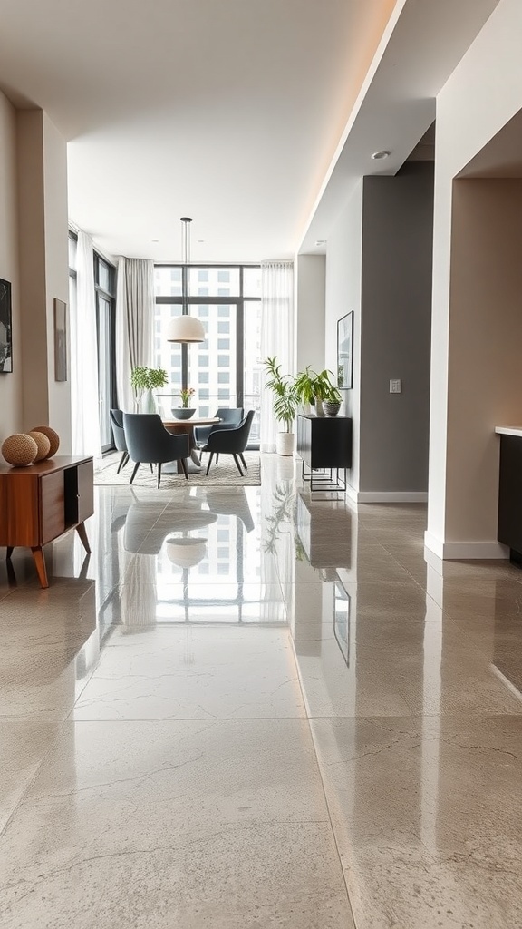 Modern interior with polished concrete look epoxy floors and stylish furniture
