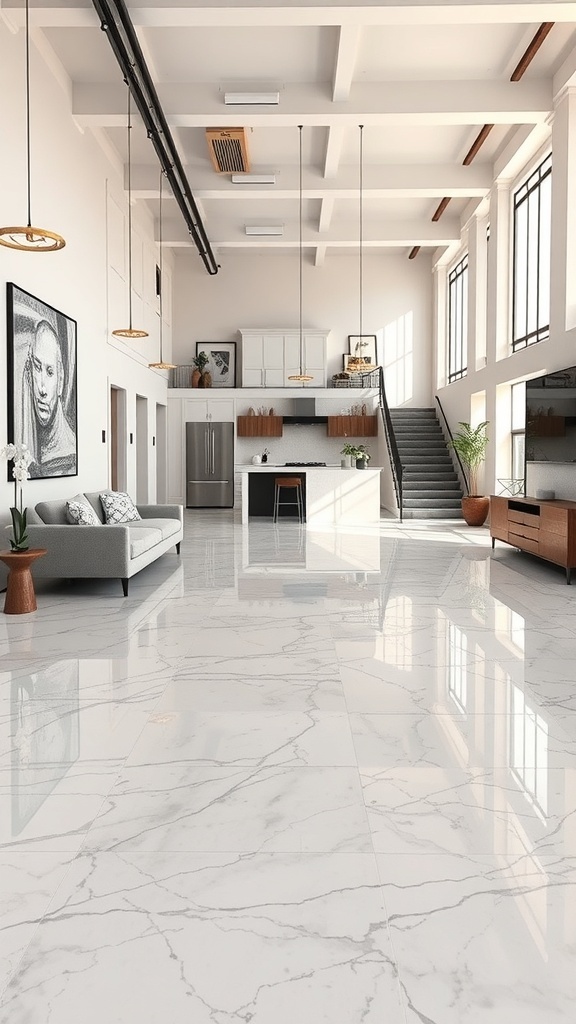 A spacious modern living area featuring marble-look epoxy flooring, large windows, and stylish furniture.