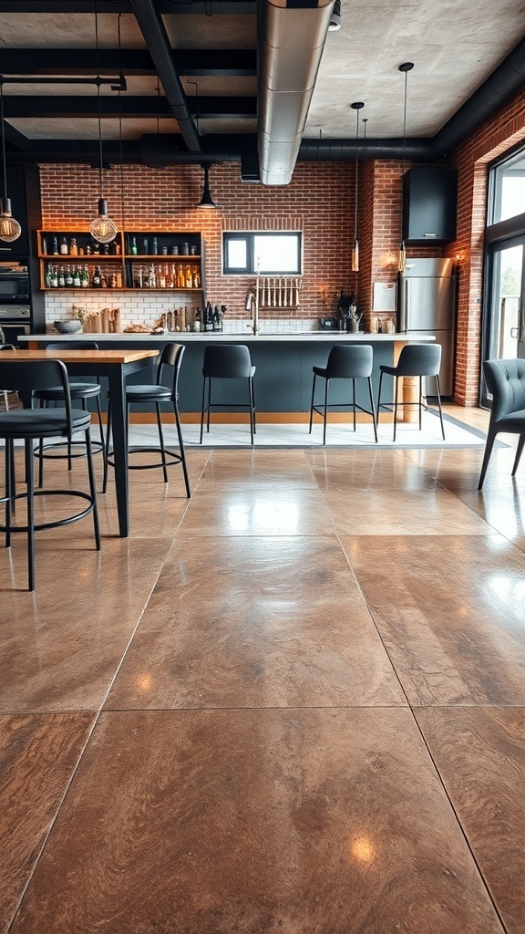 Industrial style kitchen with polished concrete look epoxy flooring and rustic decor.