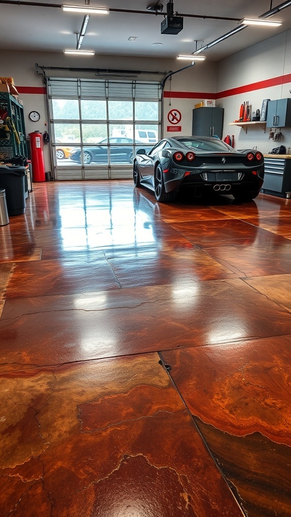 A modern garage with a glossy stained concrete floor and a luxury car parked inside.