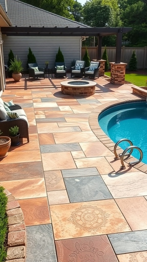 A contemporary stamped concrete patio with various colors and patterns, featuring a pool and seating area.