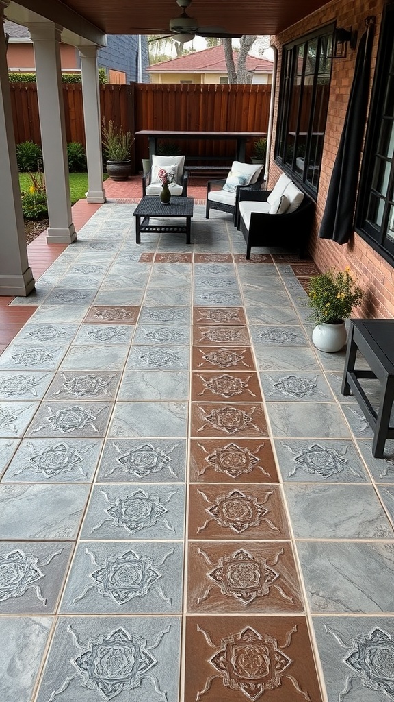 A contemporary patio featuring stamped concrete with intricate patterns and colors.