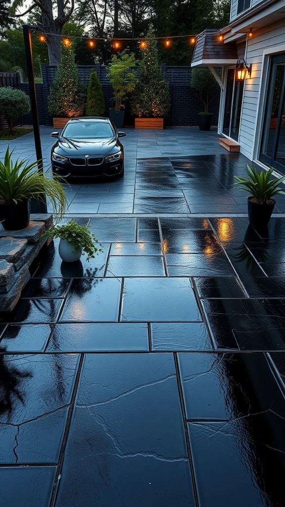 A modern black epoxy patio with natural stone accents, showcasing a sleek design and inviting atmosphere.