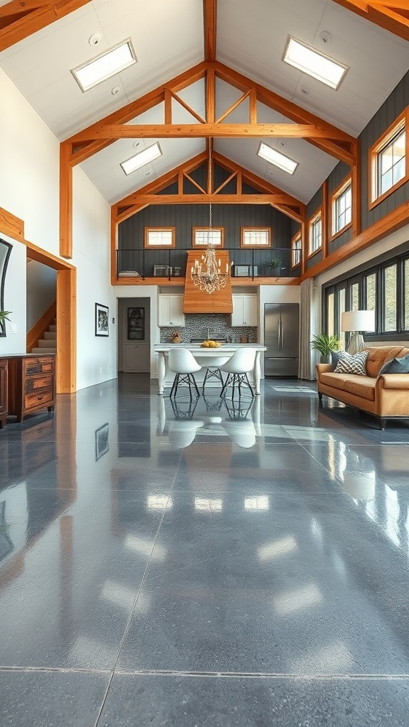 Interior of a barndominium featuring shiny epoxy flooring and timber frame architecture.