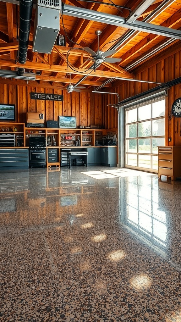 A well-designed garage with polished epoxy floors and wooden walls, showcasing a rustic industrial style.