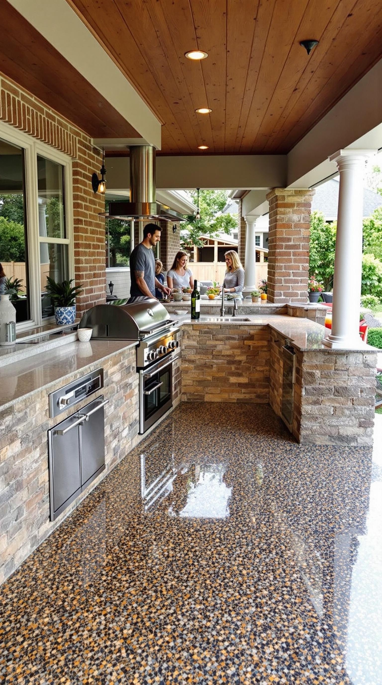 An outdoor kitchen with a sleek epoxy floor, featuring a grill and stone countertops, surrounded by people enjoying cooking together.