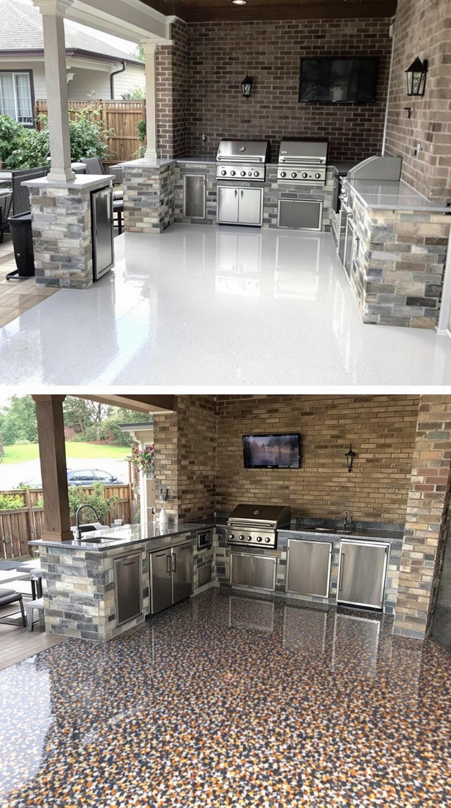 Two outdoor kitchens showcasing different epoxy floor designs.