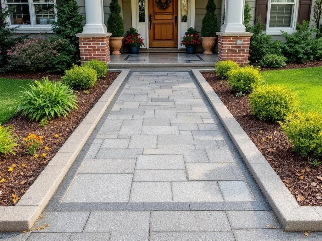 A welcoming stamped concrete pathway leading to a front door, surrounded by greenery and flowers.