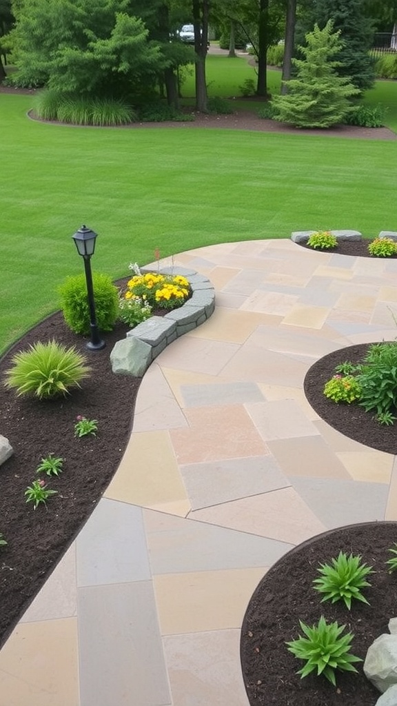 A dark gray stamped concrete patio with a curved pathway, seating area, and fire pit.